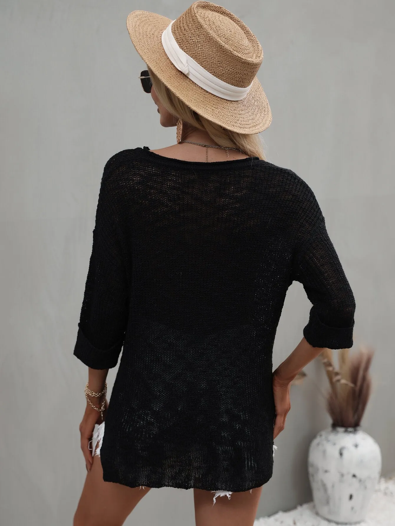 Notched Neck Side Slit Sweater