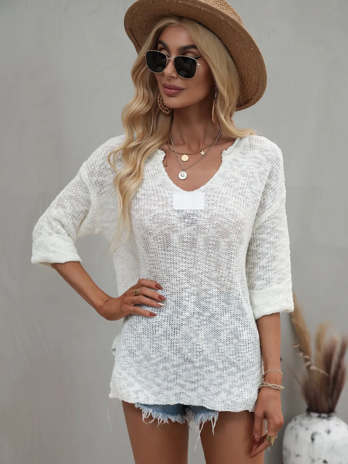 Notched Neck Side Slit Sweater