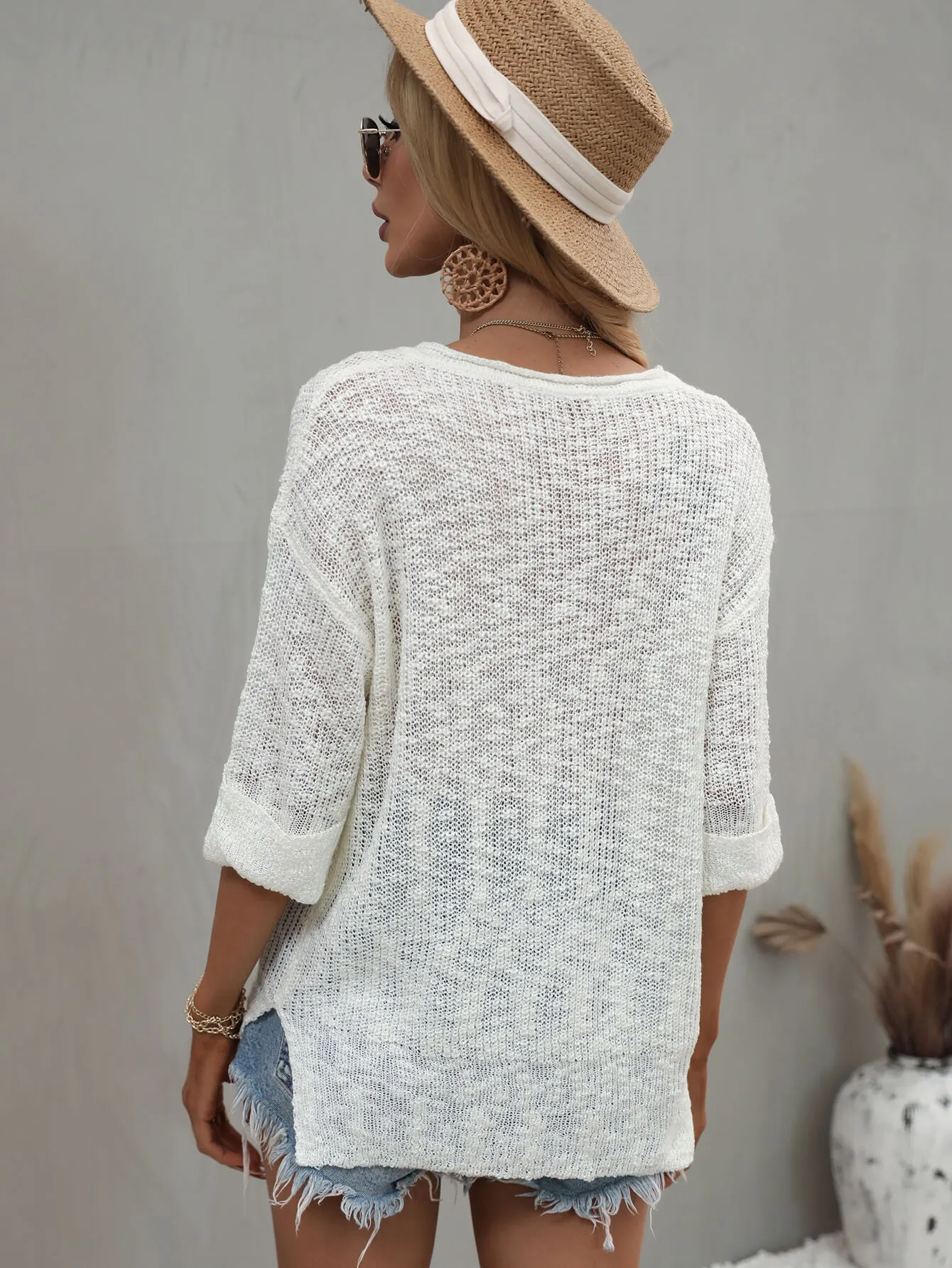 Notched Neck Side Slit Sweater
