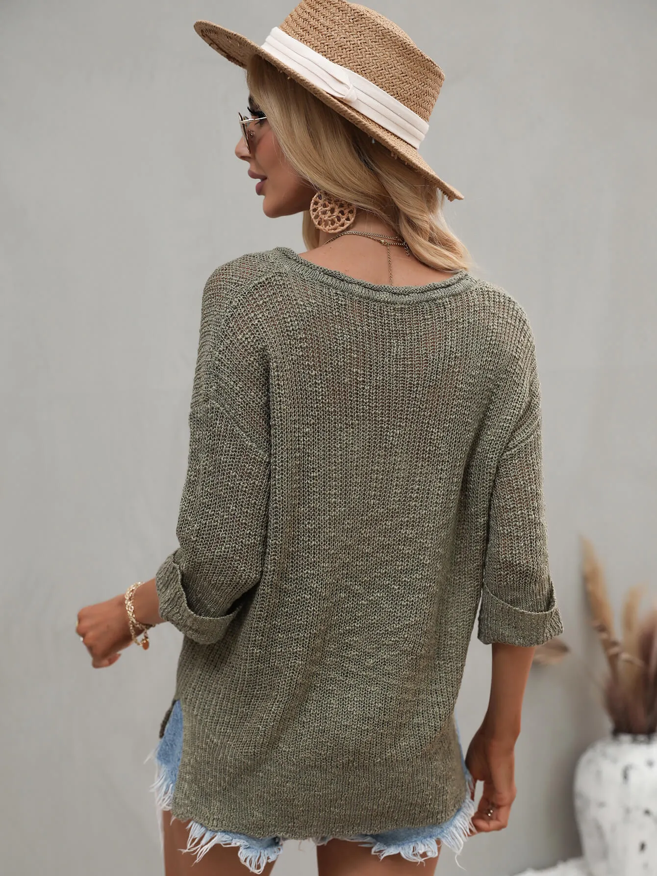 Notched Neck Side Slit Sweater