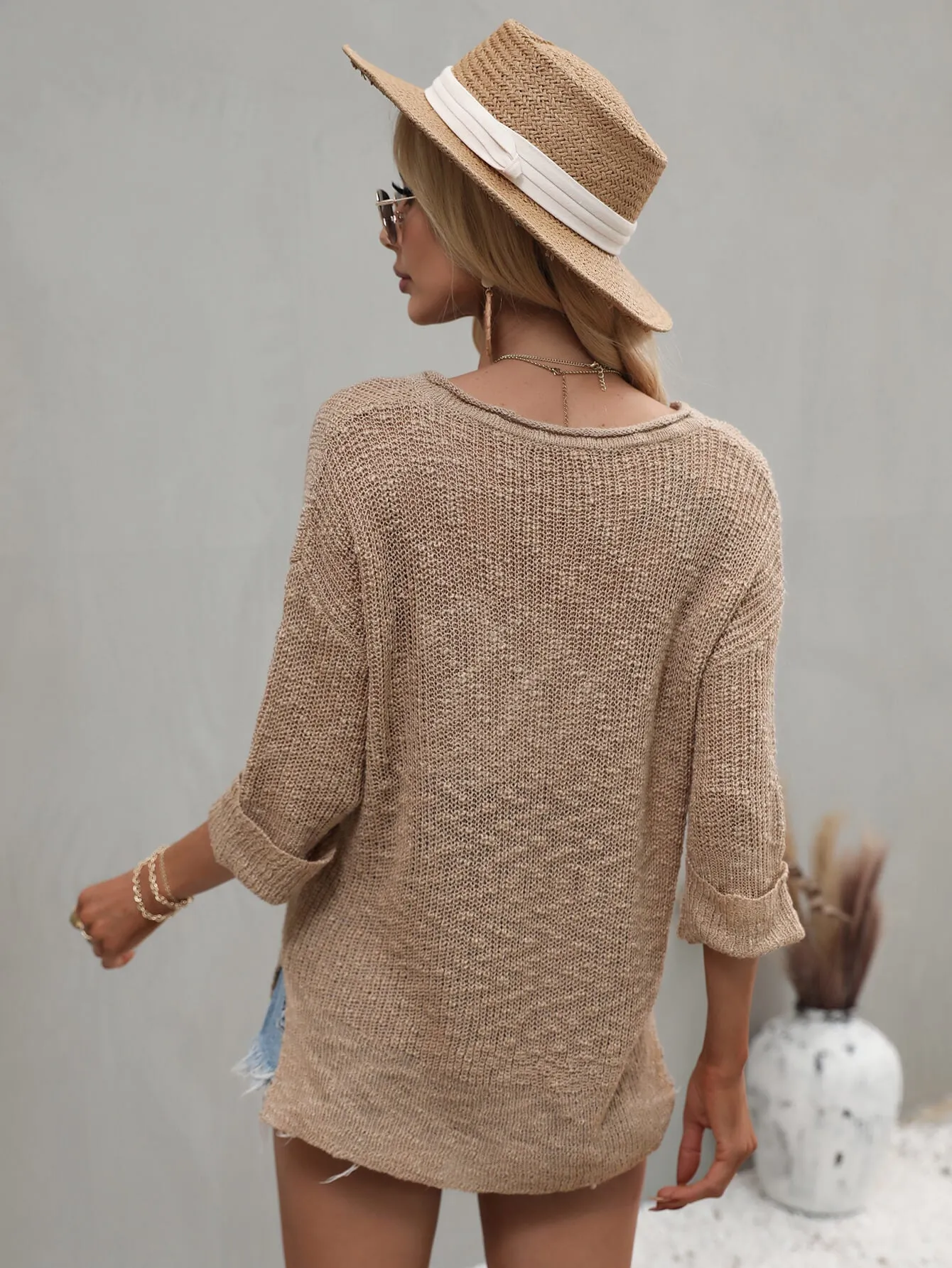 Notched Neck Side Slit Sweater