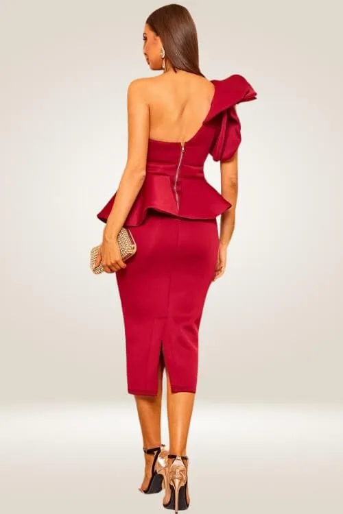 Off The Shoulder Red Ruffle Bodycon Midi Dress