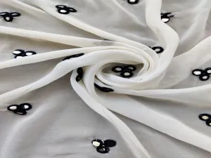 Off White Black Embroidered Mirror Work Floral Georgette Fabric