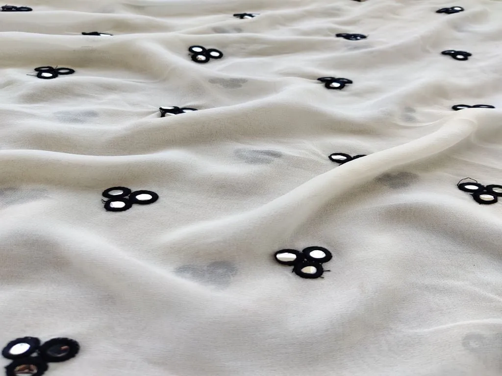 Off White Black Embroidered Mirror Work Floral Georgette Fabric
