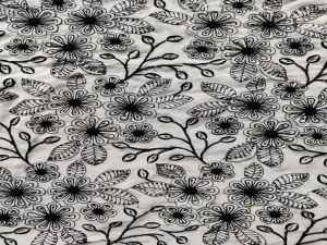 Off White Black Floral Thread Work Embroidered Georgette Fabric