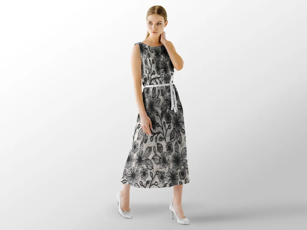 Off White Black Floral Thread Work Embroidered Georgette Fabric