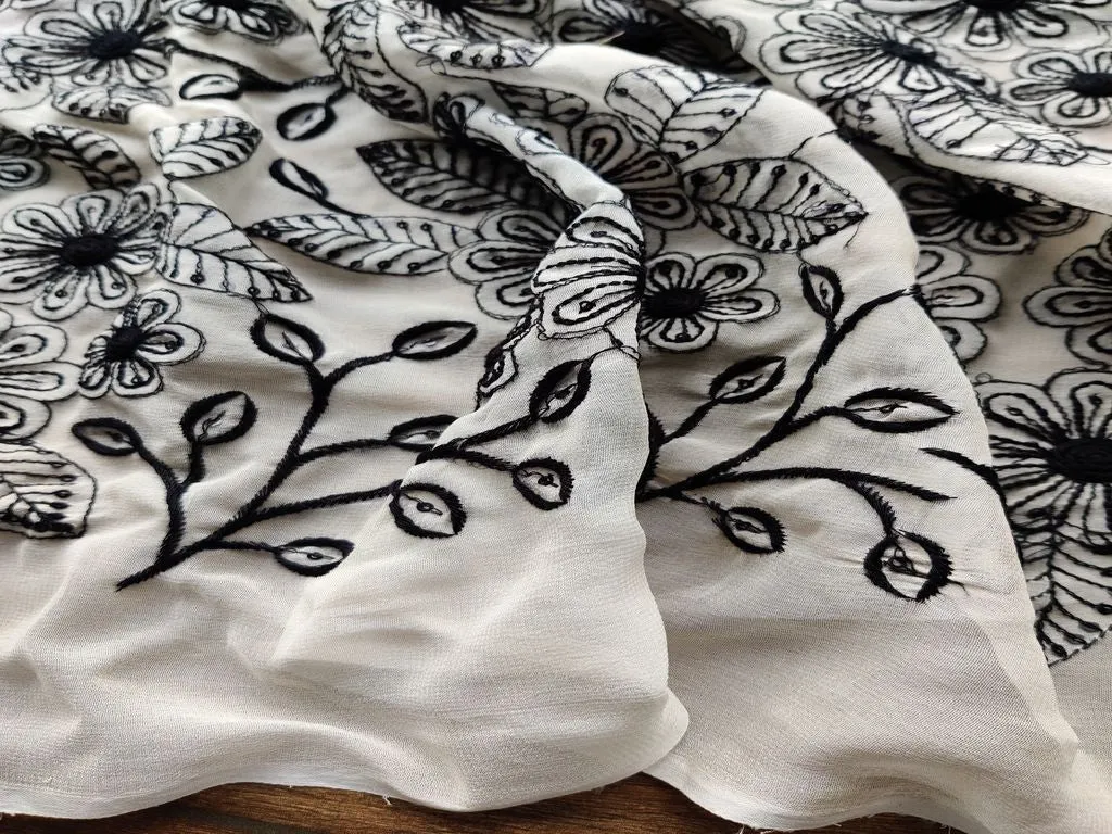 Off White Black Floral Thread Work Embroidered Georgette Fabric