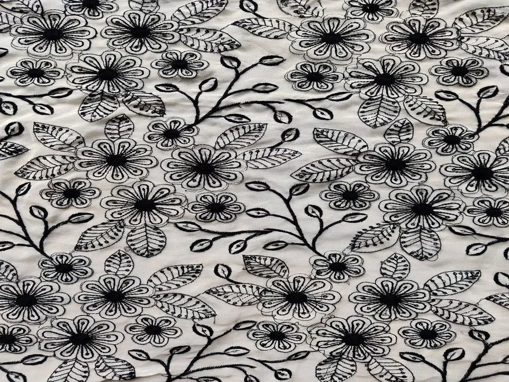 Off White Black Floral Thread Work Embroidered Georgette Fabric