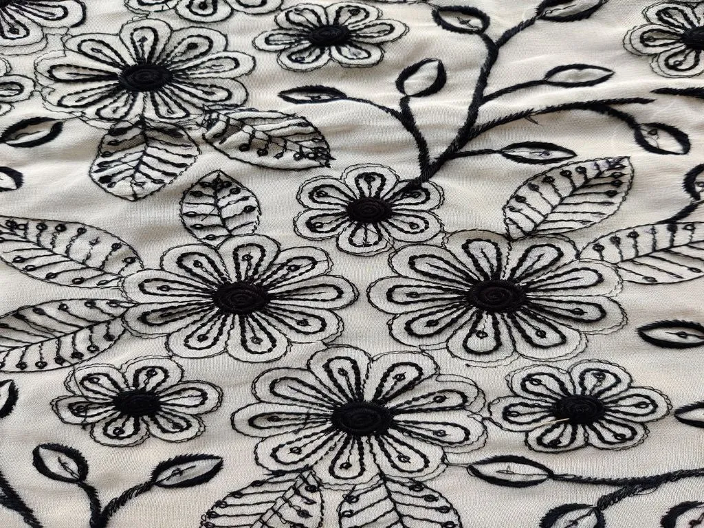 Off White Black Floral Thread Work Embroidered Georgette Fabric