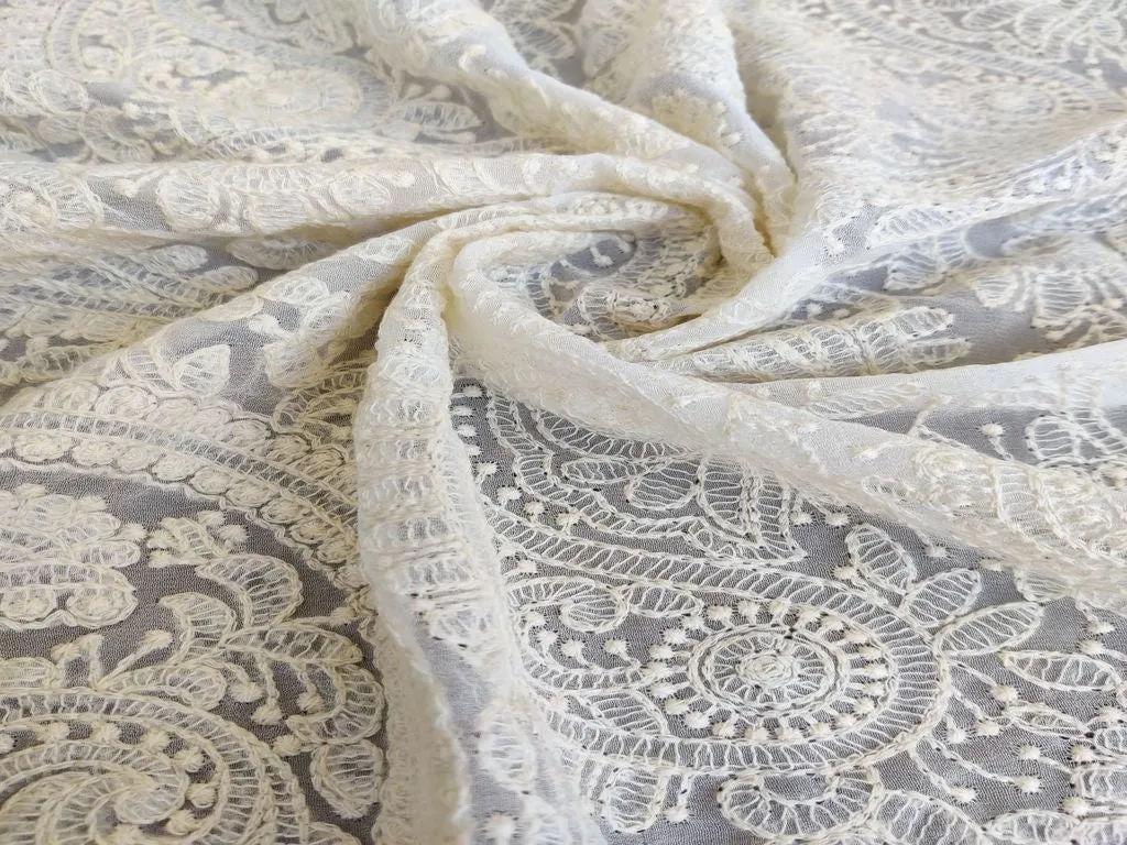 Off White Paisleys Dyeable Lakhnawi Embroidered Georgette Fabric (Wholesale)