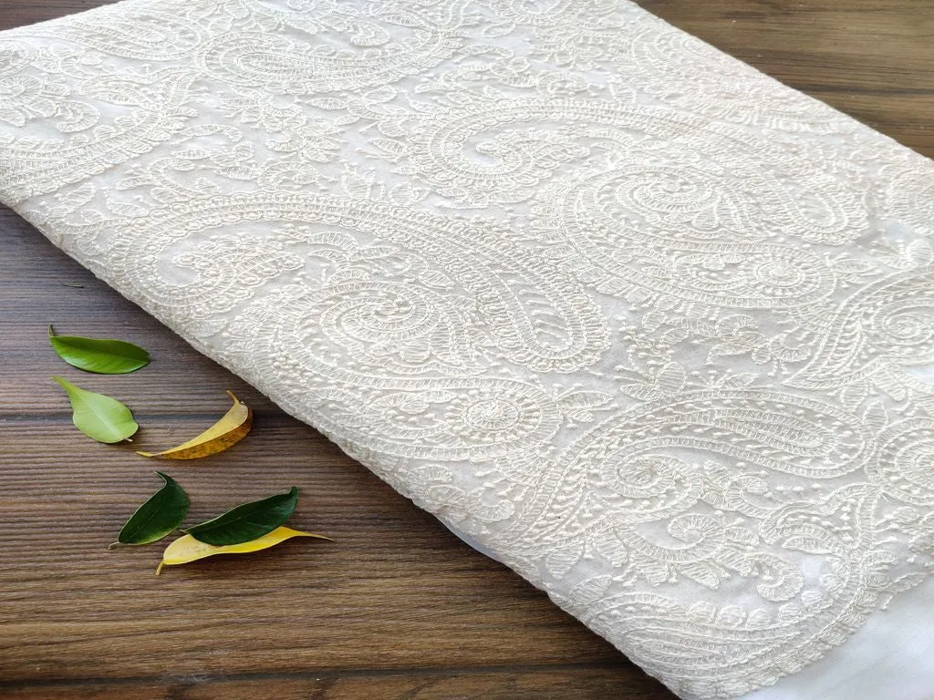 Off White Paisleys Dyeable Lakhnawi Embroidered Georgette Fabric (Wholesale)