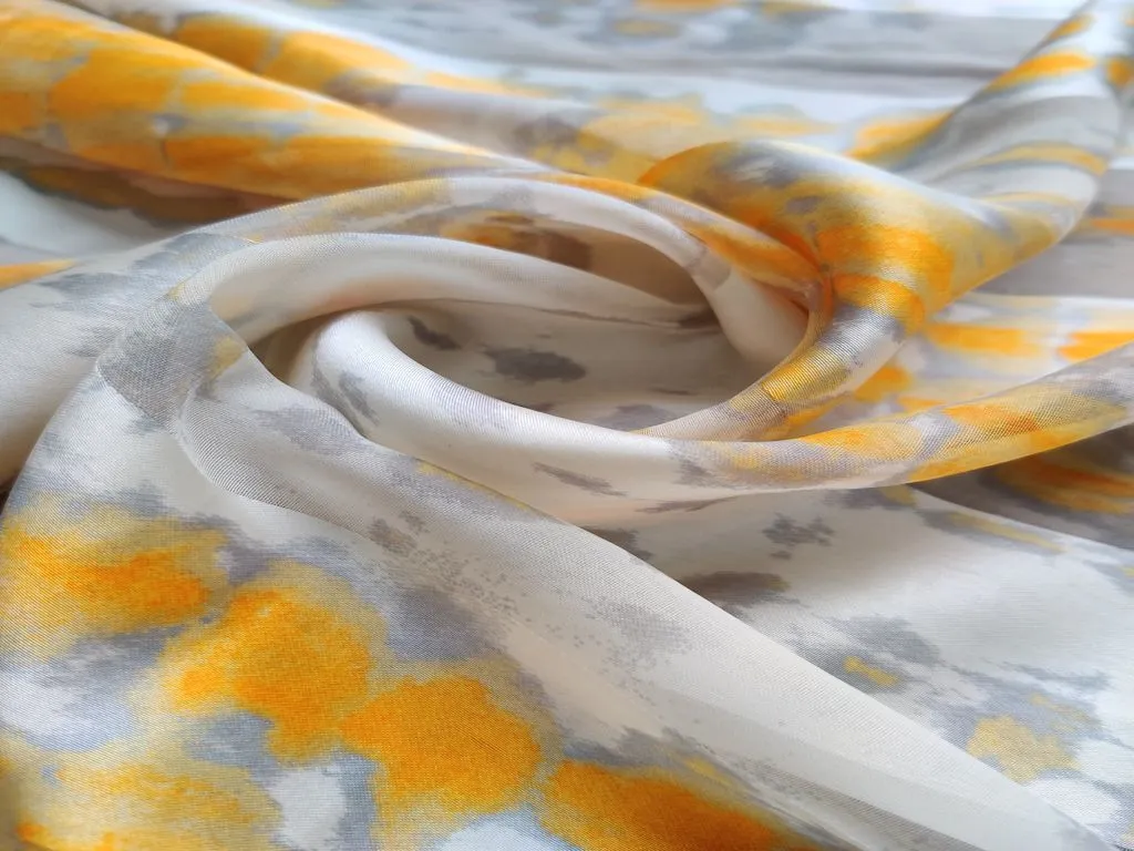 Off White Yellow Shibori Tie & Dye Printed Georgette Fabric with Satin Stripes