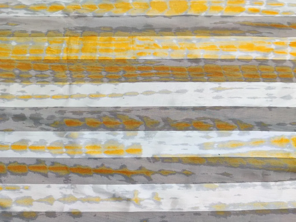 Off White Yellow Shibori Tie & Dye Printed Georgette Fabric with Satin Stripes