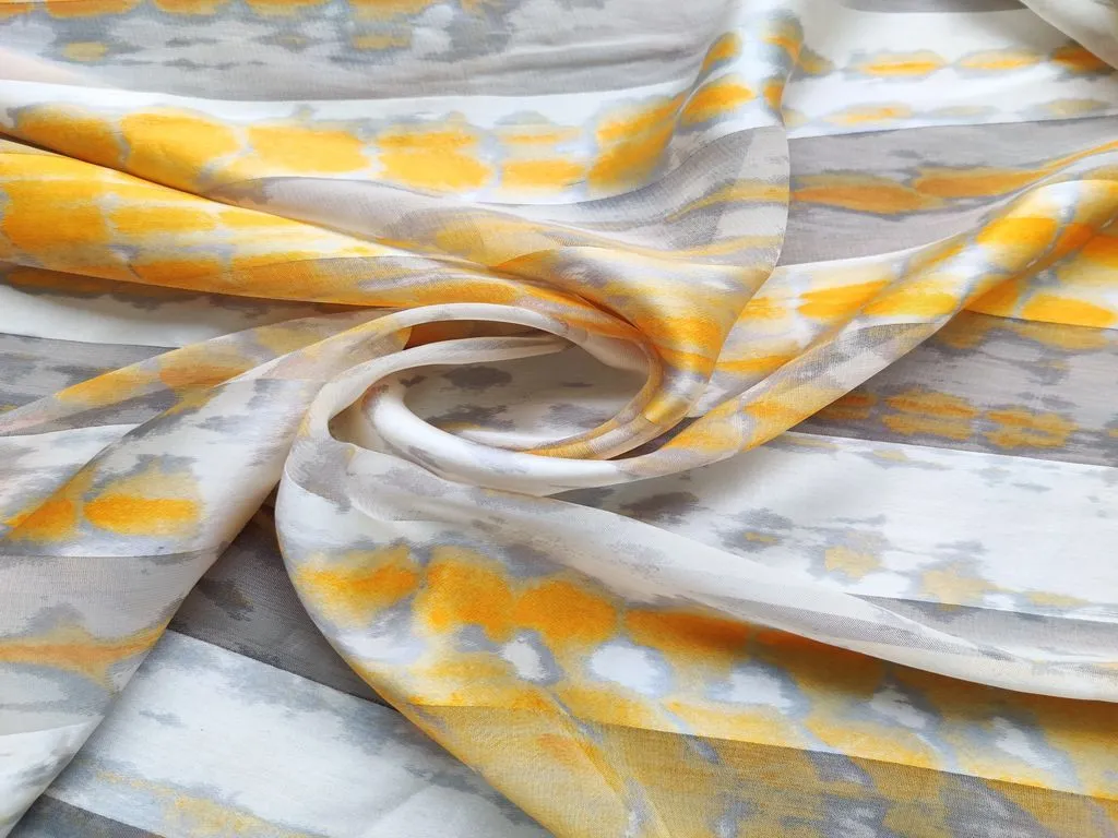 Off White Yellow Shibori Tie & Dye Printed Georgette Fabric with Satin Stripes