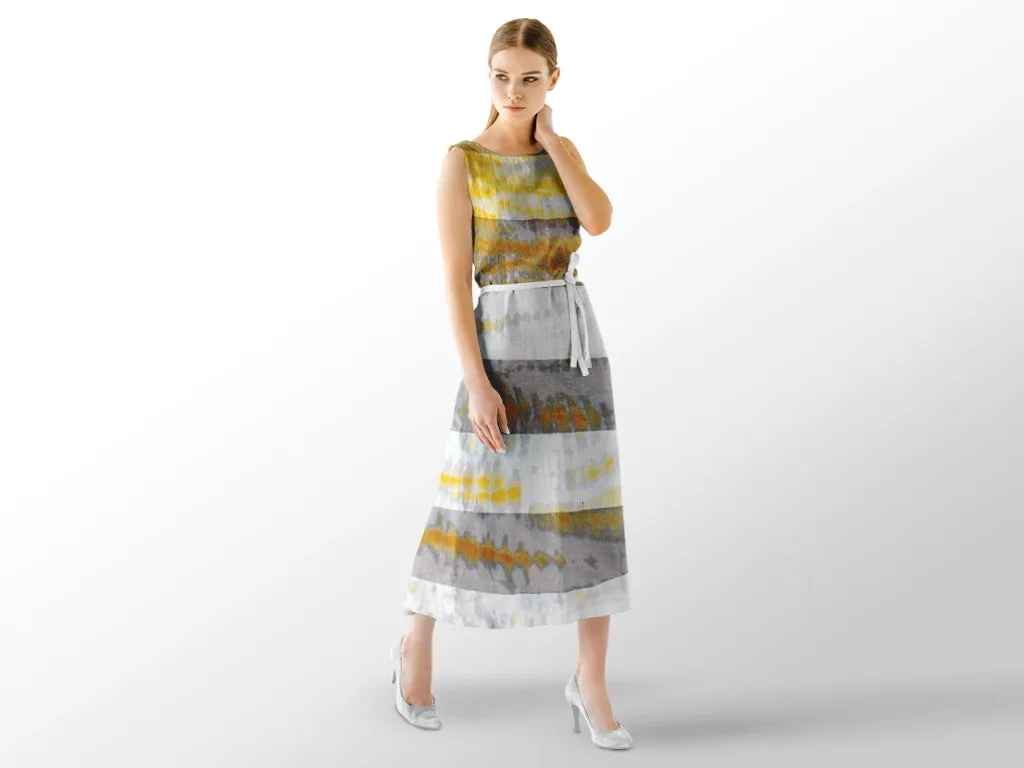 Off White Yellow Shibori Tie & Dye Printed Georgette Fabric with Satin Stripes