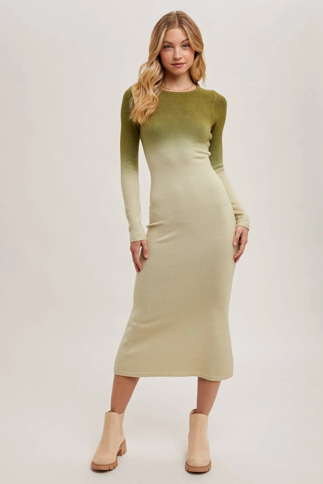 OMBRE BODYCON KNIT MIDI DRESS: ASH