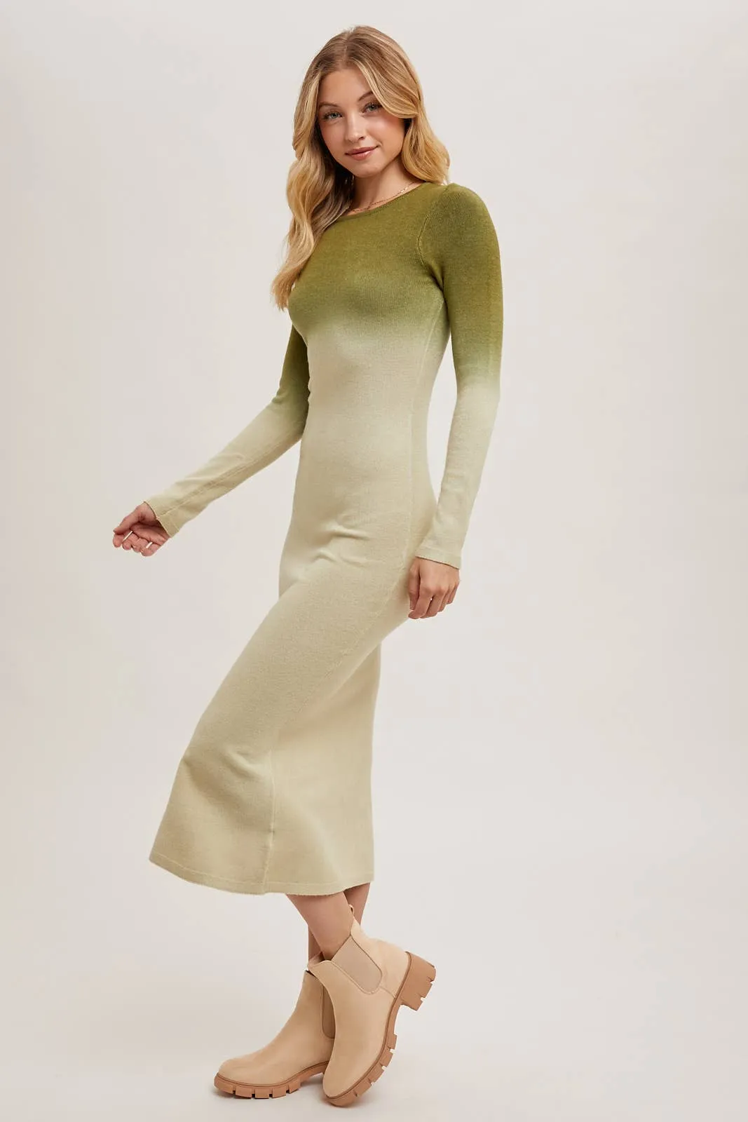 OMBRE BODYCON KNIT MIDI DRESS: ASH