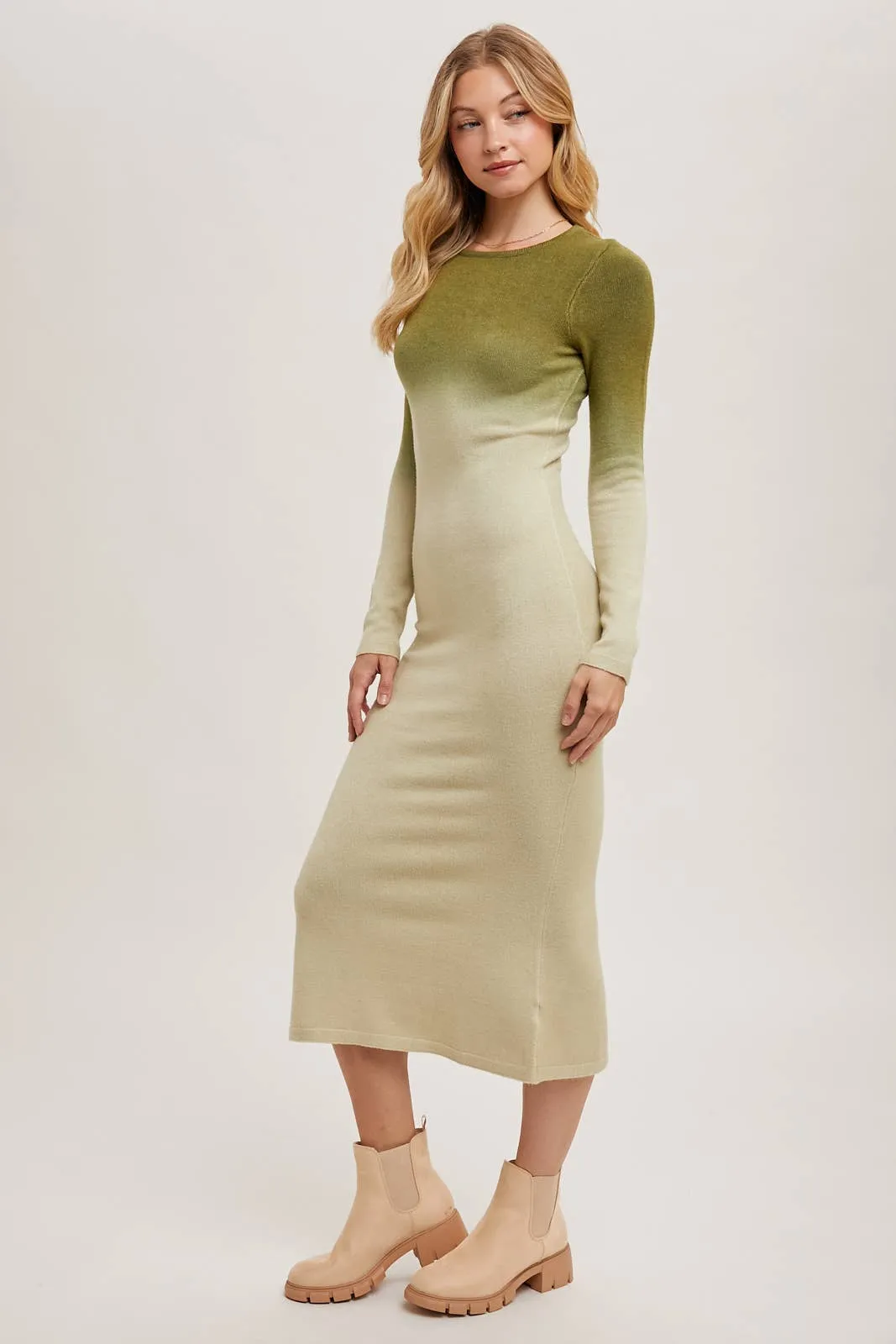 OMBRE BODYCON KNIT MIDI DRESS: ASH