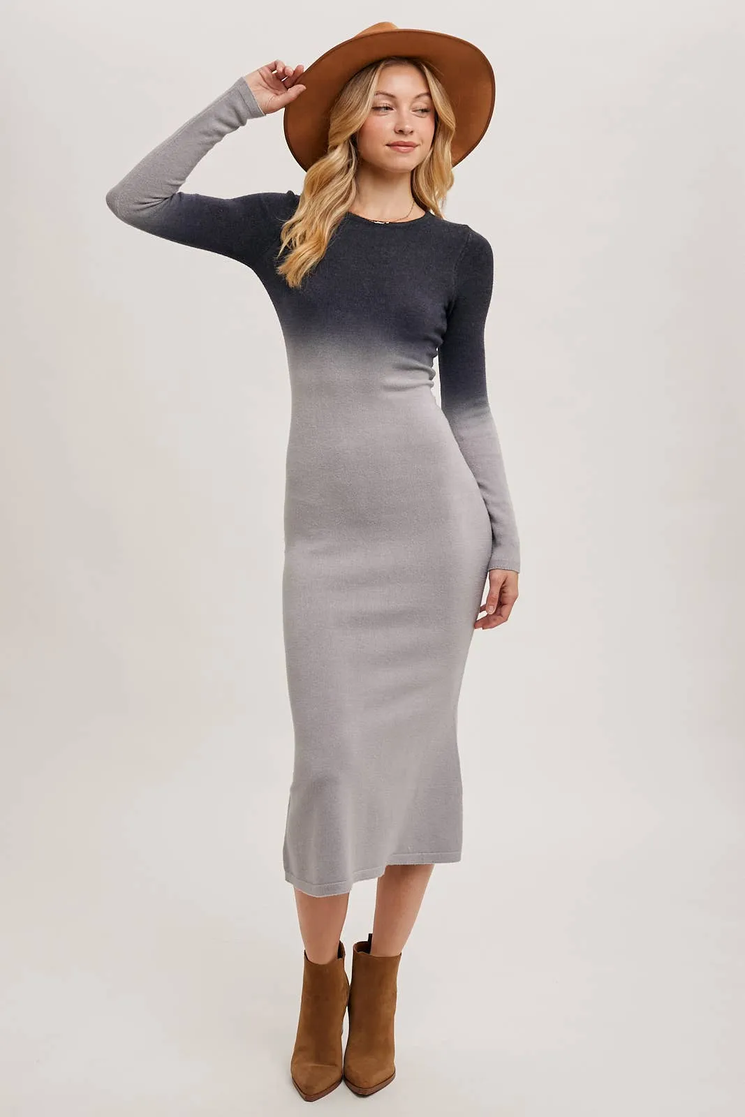OMBRE BODYCON KNIT MIDI DRESS: ASH