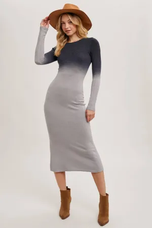 OMBRE BODYCON KNIT MIDI DRESS: ASH