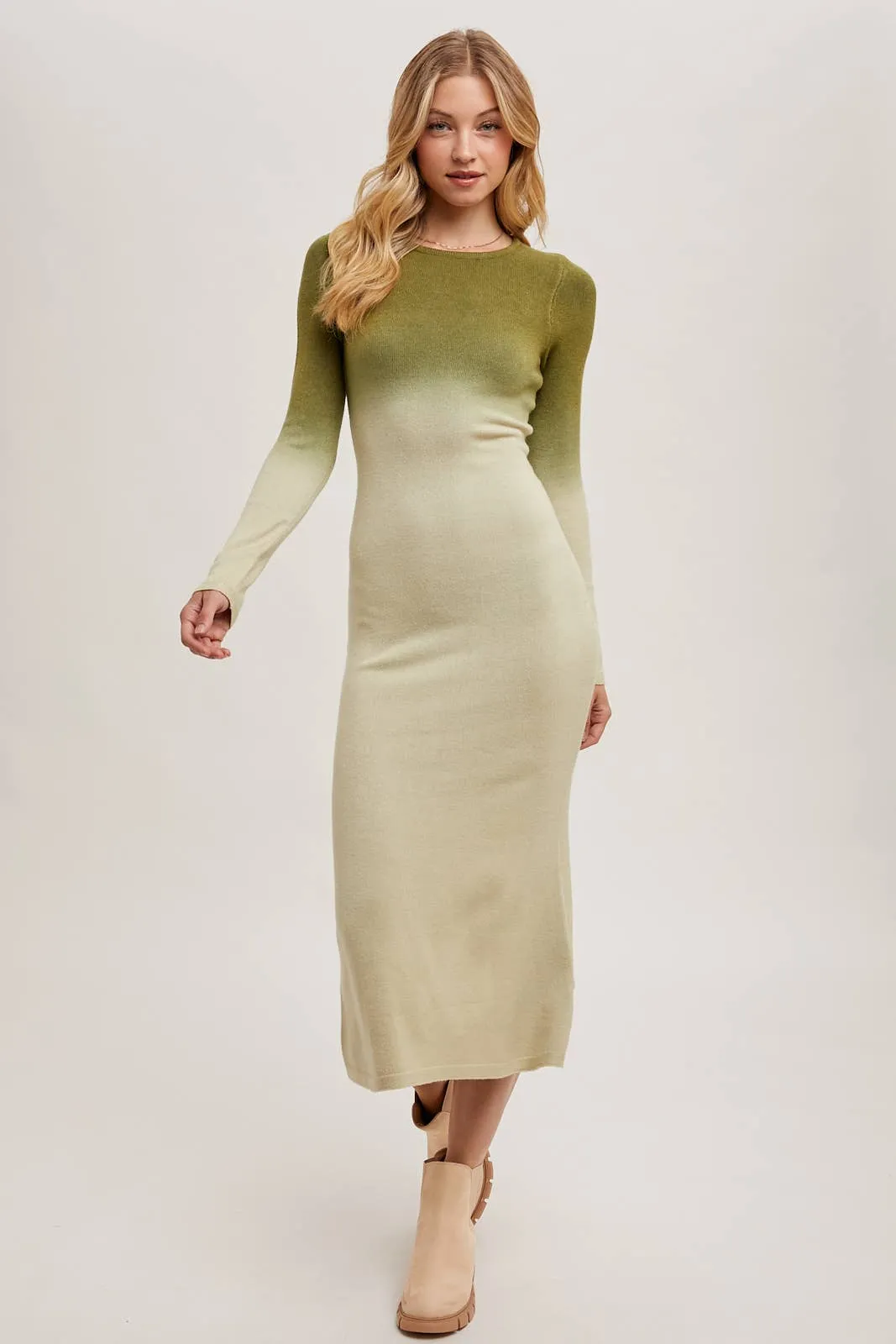 OMBRE BODYCON KNIT MIDI DRESS: ASH