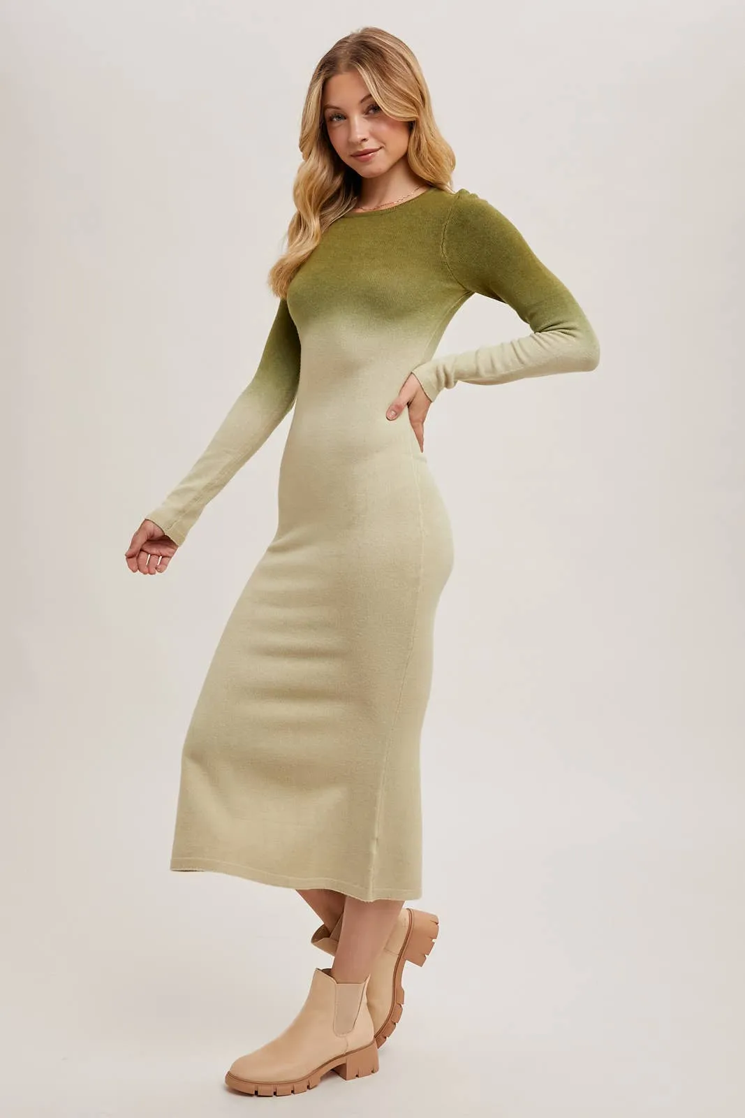 OMBRE BODYCON KNIT MIDI DRESS: ASH