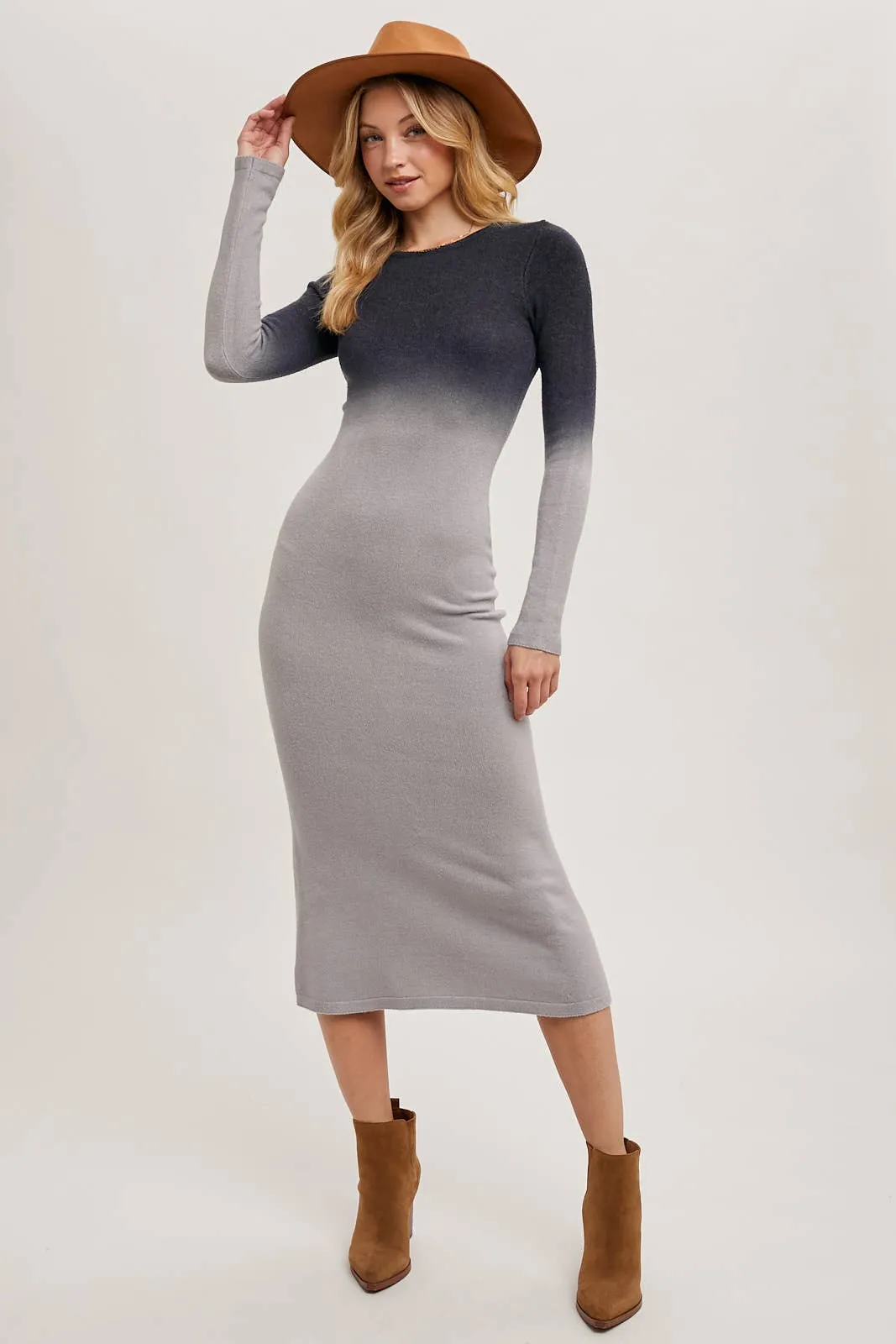 OMBRE BODYCON KNIT MIDI DRESS: ASH
