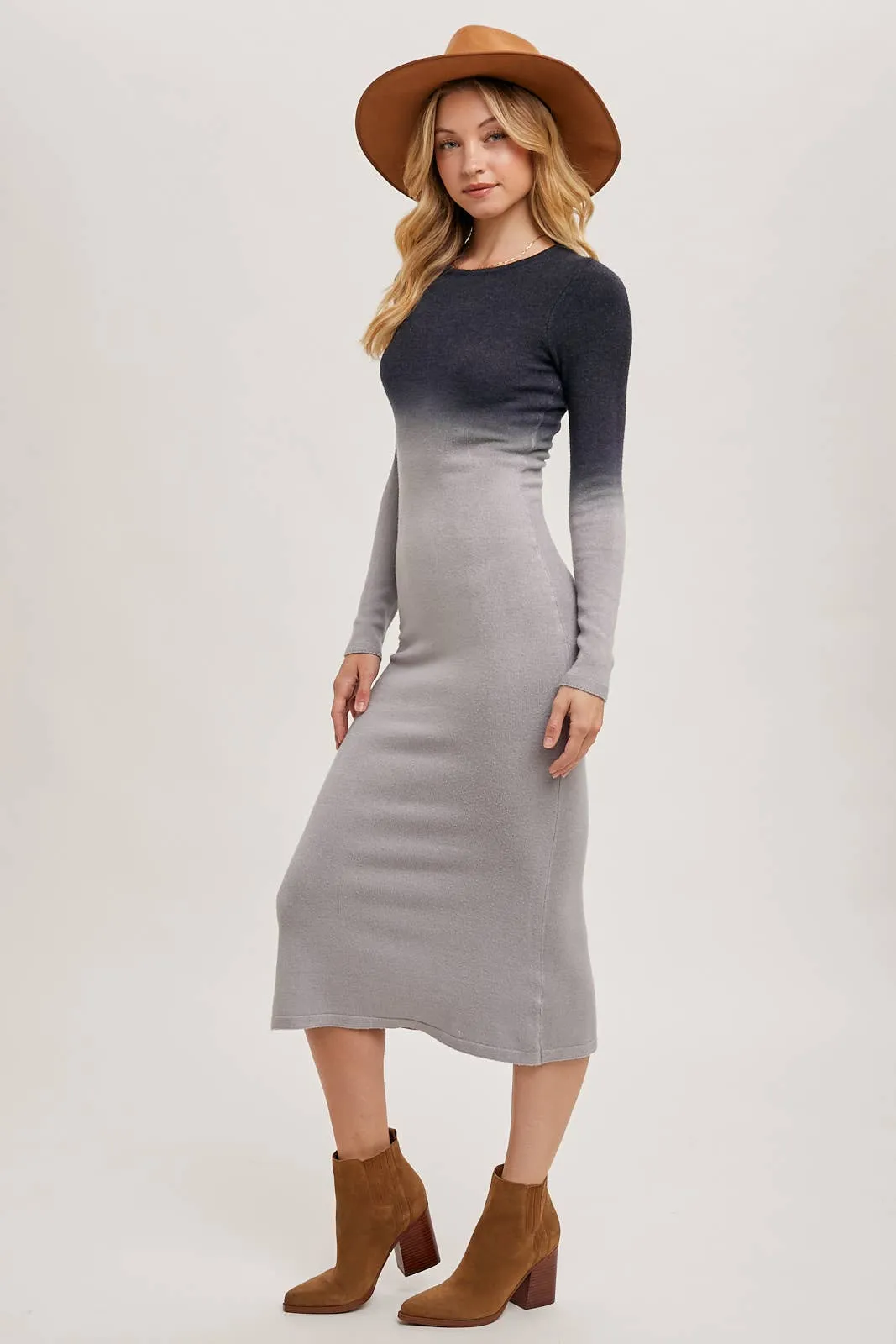 OMBRE BODYCON KNIT MIDI DRESS: ASH