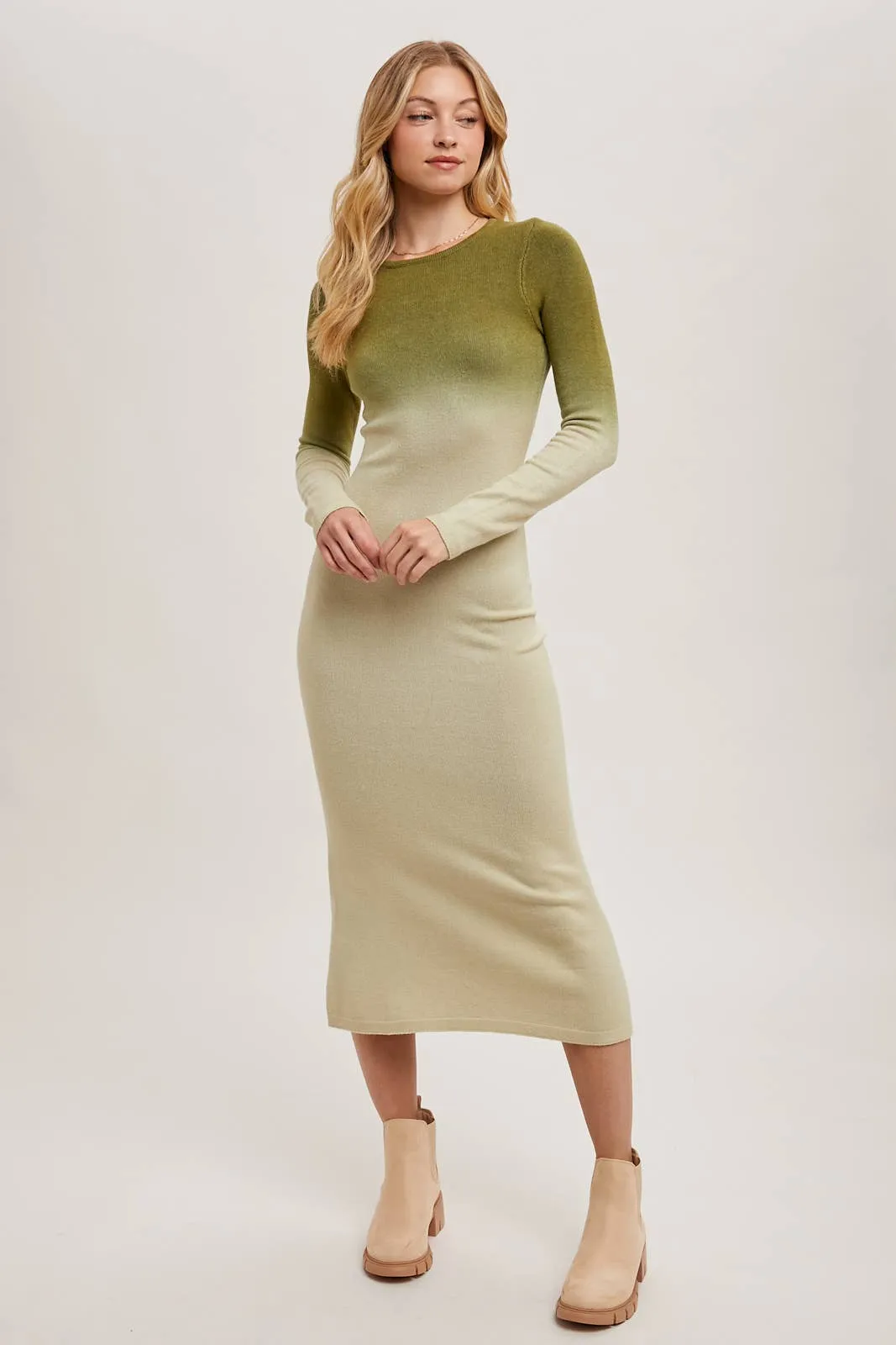 OMBRE BODYCON KNIT MIDI DRESS: ASH