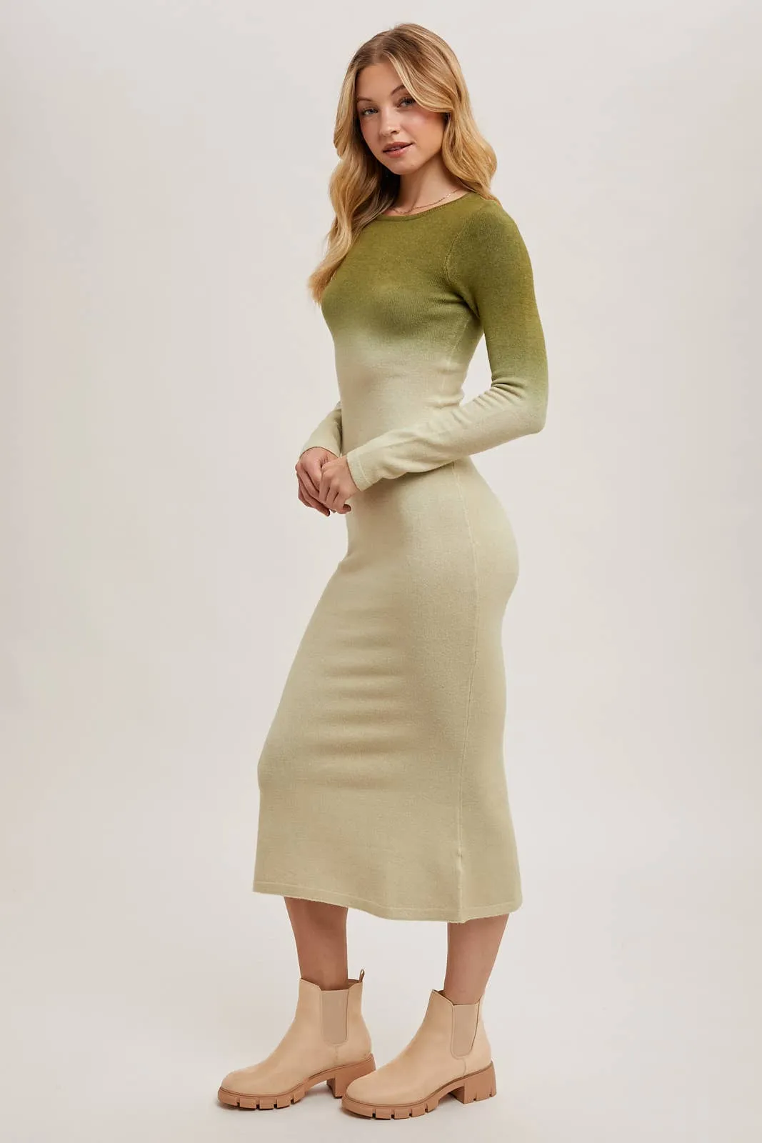 OMBRE BODYCON KNIT MIDI DRESS: ASH