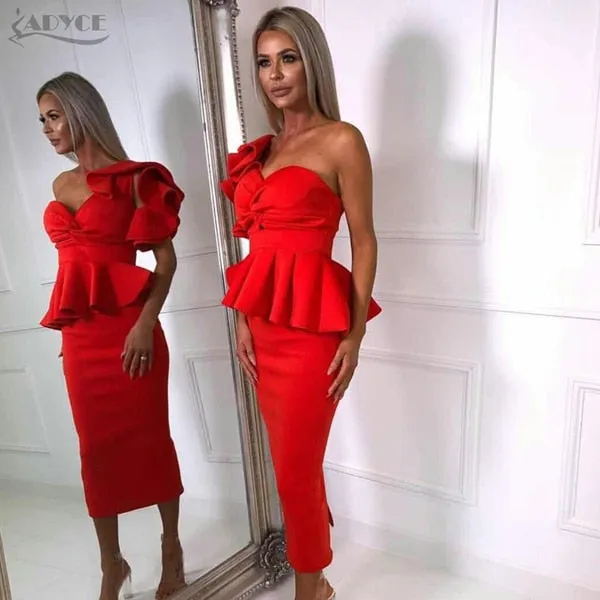 One Shoulder Ruffles Strapless Midi Bodycon Dress