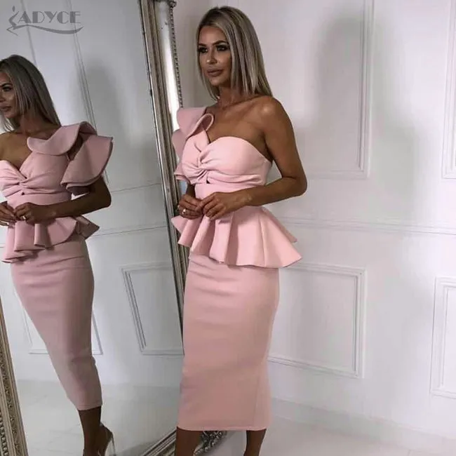 One Shoulder Ruffles Strapless Midi Bodycon Dress