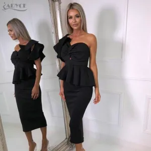 One Shoulder Ruffles Strapless Midi Bodycon Dress