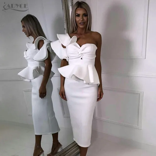 One Shoulder Ruffles Strapless Midi Bodycon Dress
