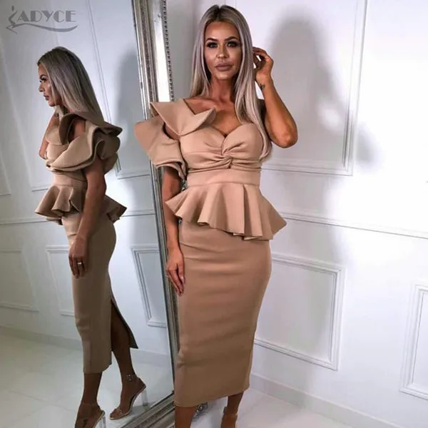 One Shoulder Ruffles Strapless Midi Bodycon Dress