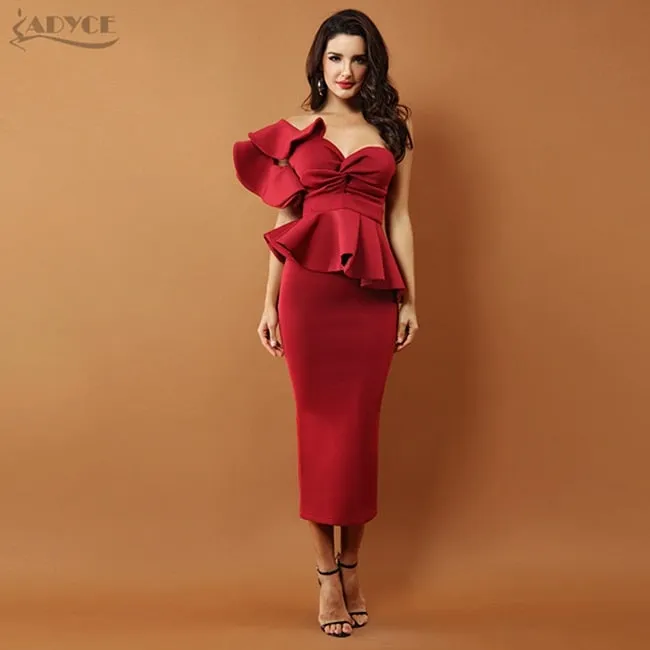 One Shoulder Ruffles Strapless Midi Bodycon Dress