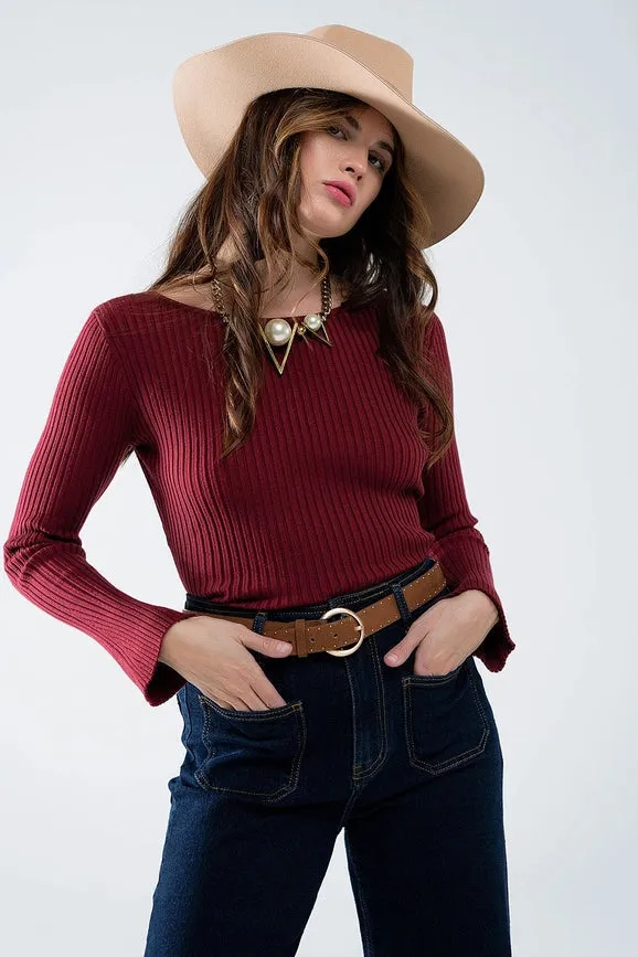 Open Back Burgundy Ribbed Sweater