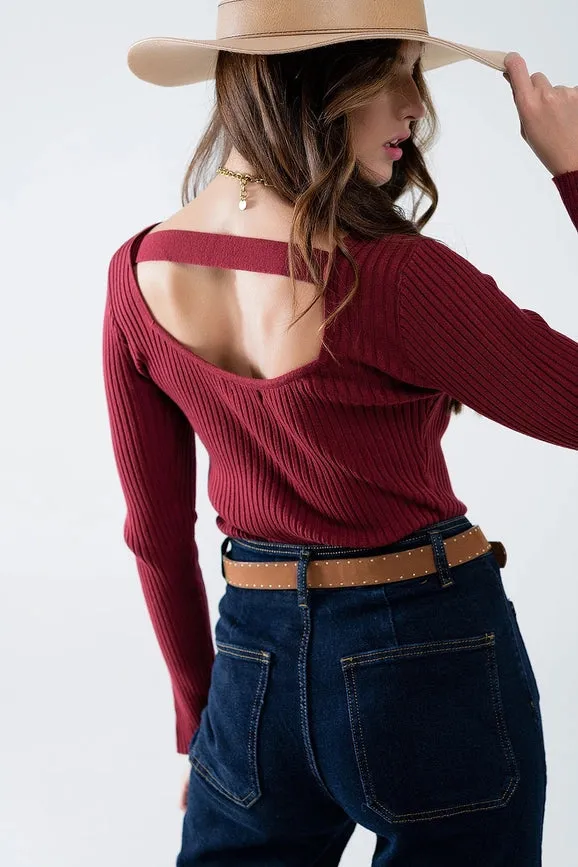 Open Back Burgundy Ribbed Sweater