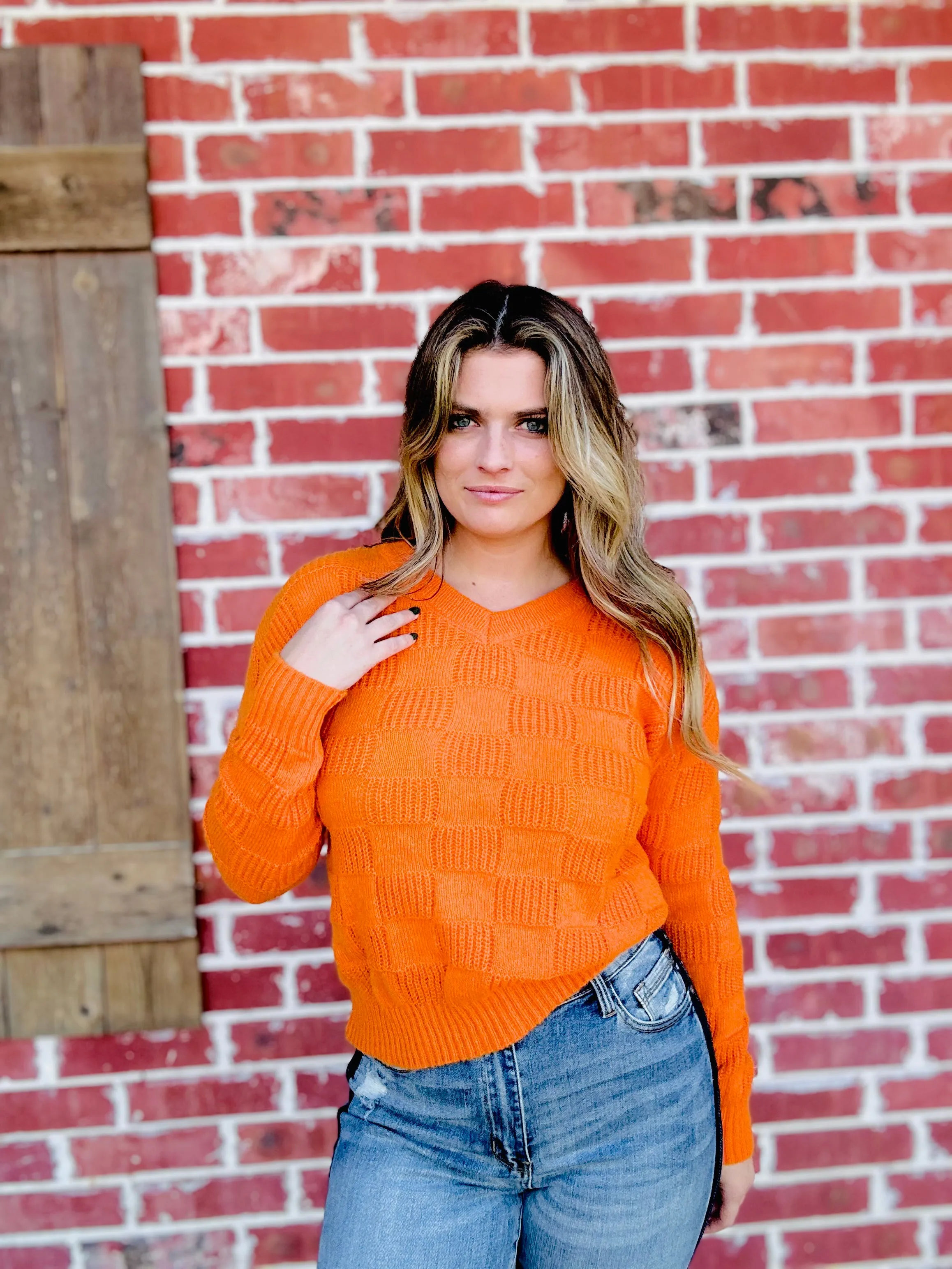 Orange Check Me Cozy Sweater