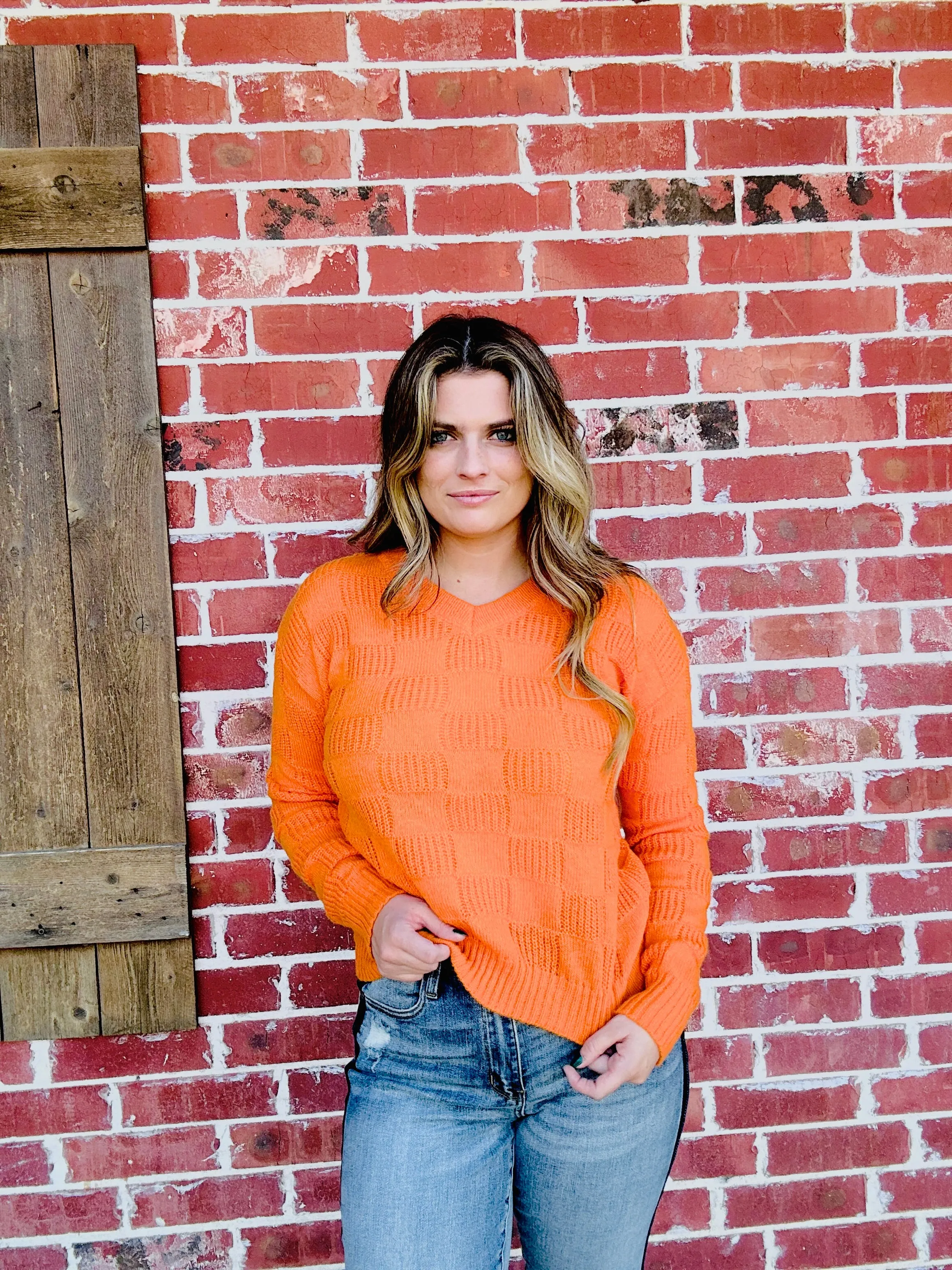 Orange Check Me Cozy Sweater