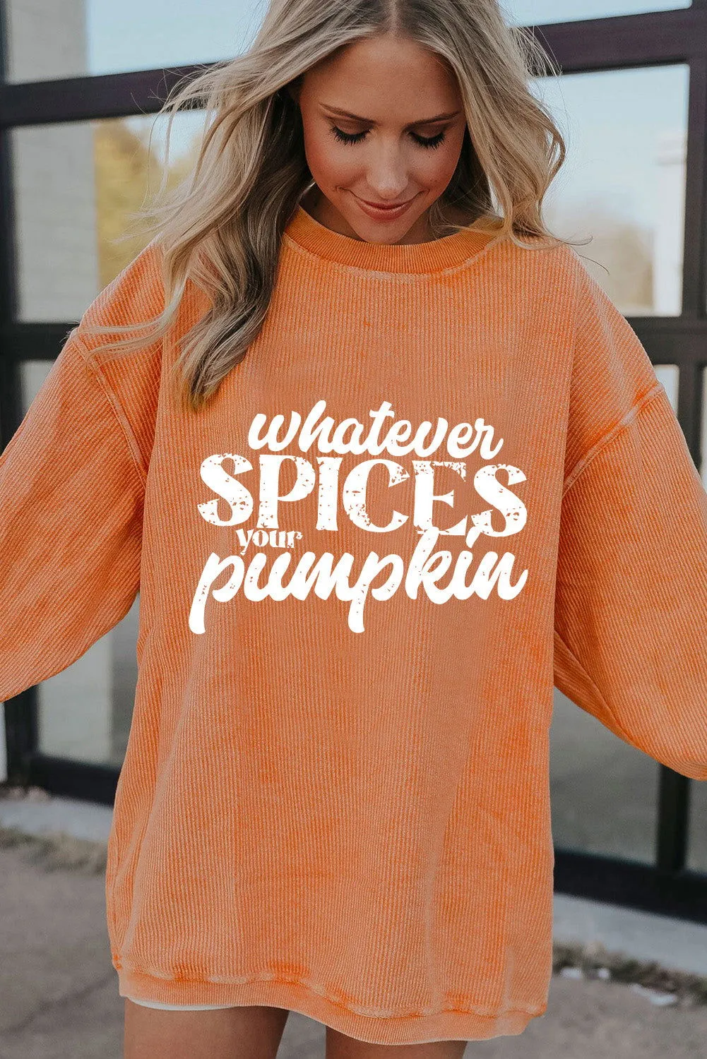 Orange Corded Whatever Spices Your Pumpkin Graphic Sweatshirt