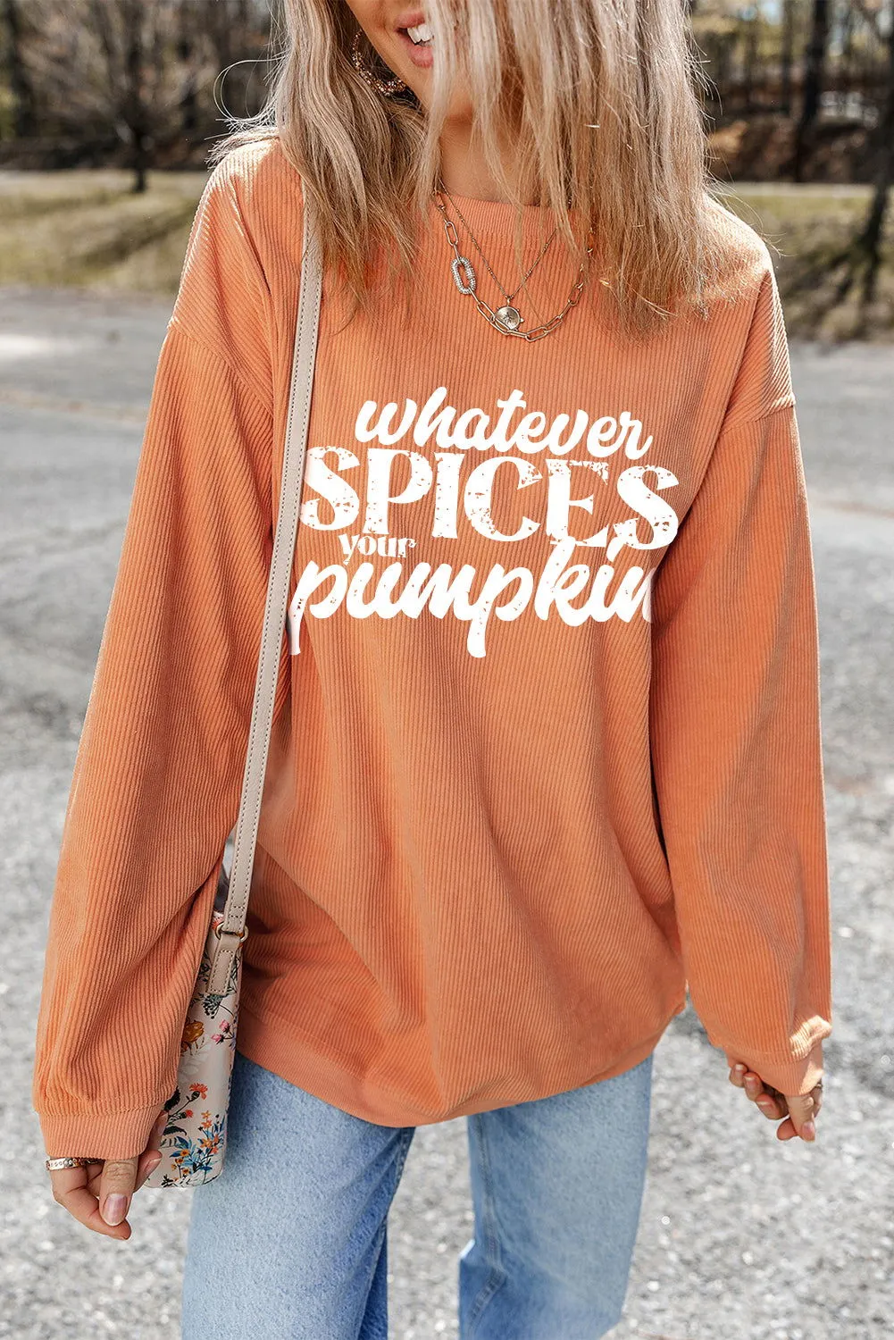 Orange Corded Whatever Spices Your Pumpkin Graphic Sweatshirt