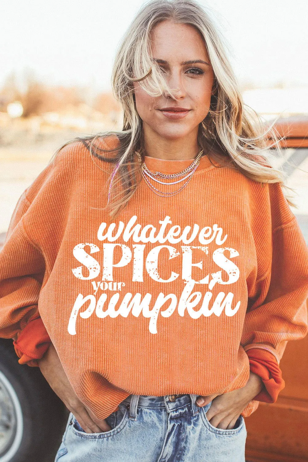 Orange Corded Whatever Spices Your Pumpkin Graphic Sweatshirt