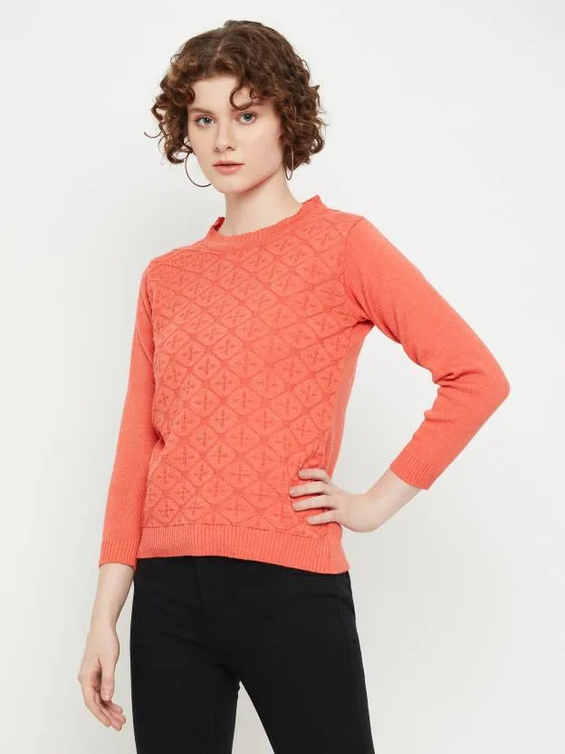 Orange round neck full sleeves sweater