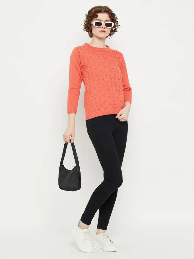 Orange round neck full sleeves sweater