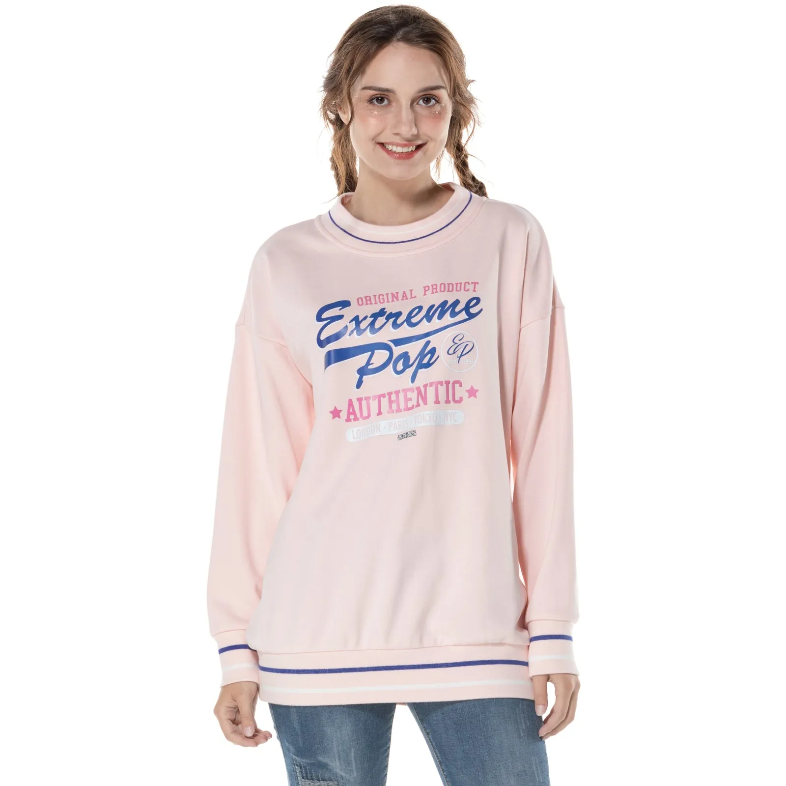 Oversize Womens Cotton French Terry Stretch Round Neck Sweatshirt Ladies Jumper Sweater S M L XL Pink Black Navy