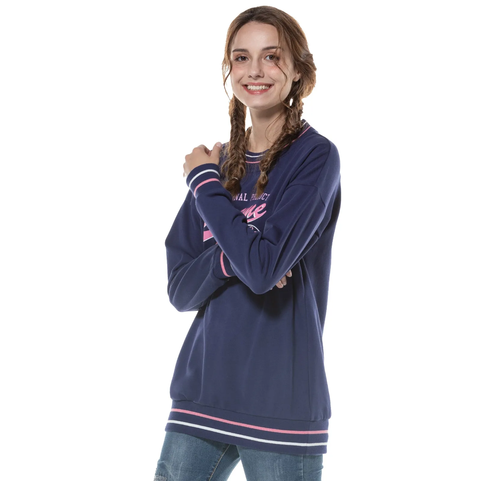 Oversize Womens Cotton French Terry Stretch Round Neck Sweatshirt Ladies Jumper Sweater S M L XL Pink Black Navy