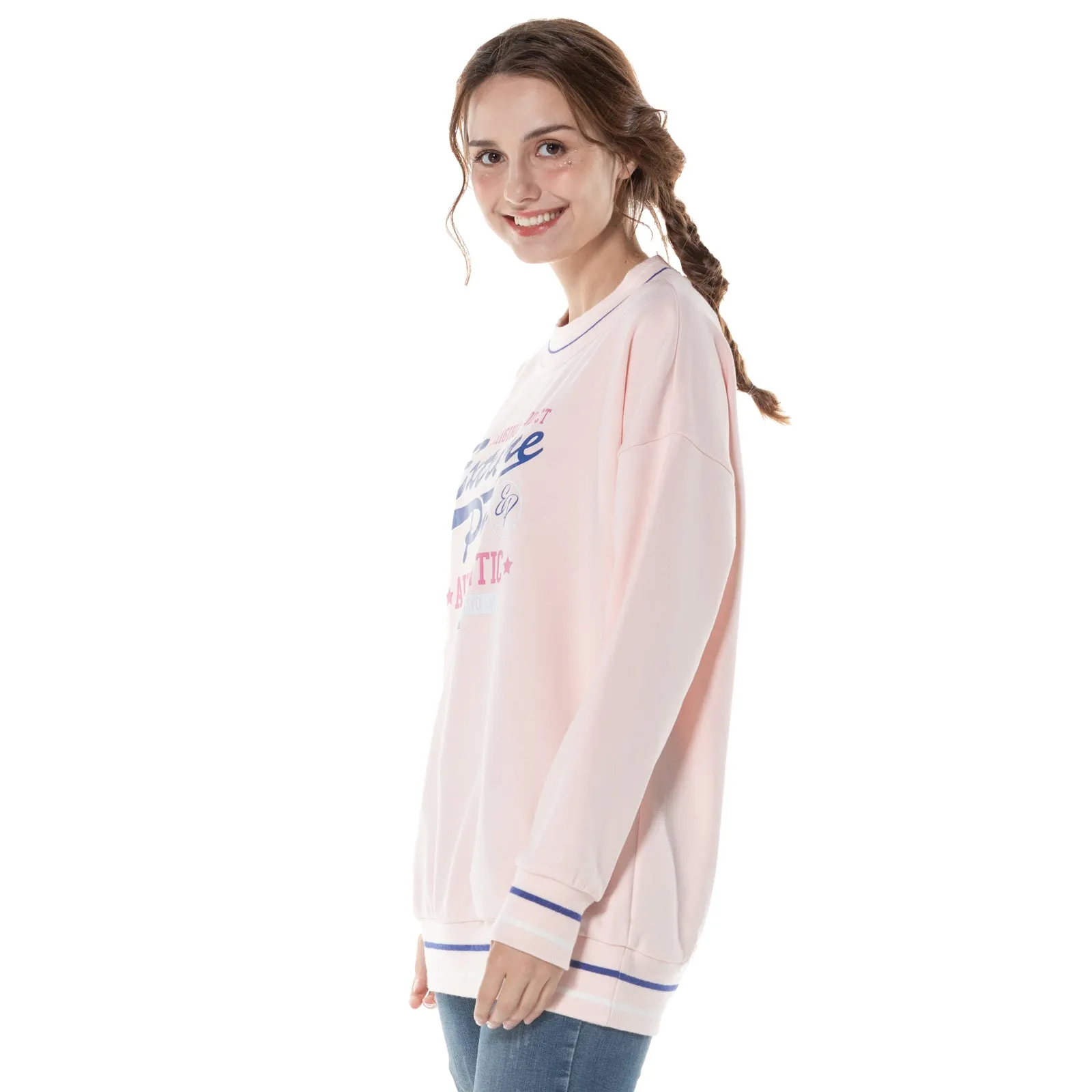 Oversize Womens Cotton French Terry Stretch Round Neck Sweatshirt Ladies Jumper Sweater S M L XL Pink Black Navy
