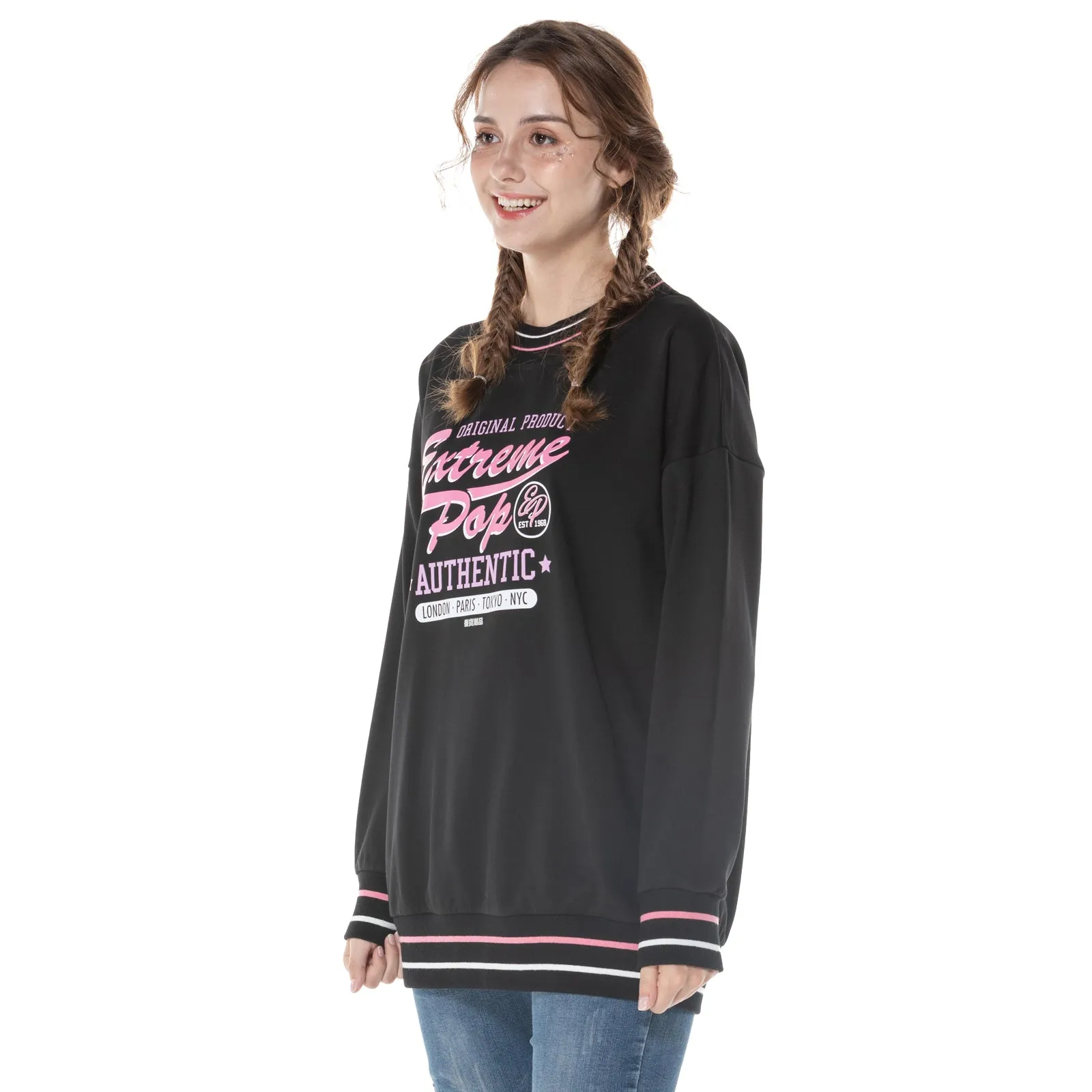 Oversize Womens Cotton French Terry Stretch Round Neck Sweatshirt Ladies Jumper Sweater S M L XL Pink Black Navy
