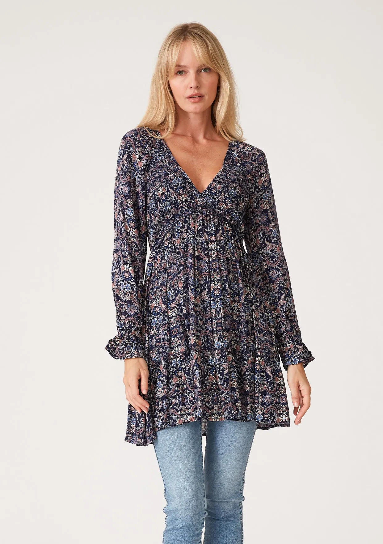 Paisley Floral Long Sleeve Smocked V Neck Tunic